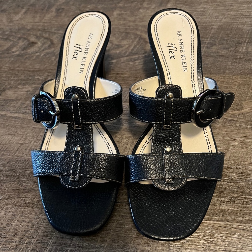 Anne Klein Halen Navy Leather Slip-On Sandals - Picture 2 of 10